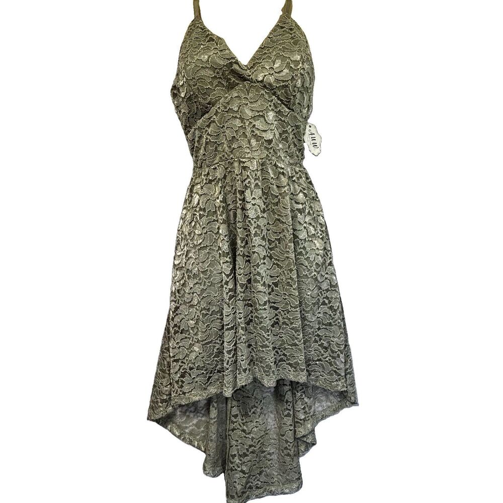 AUW Women Green Spaghetti Strap High Low Lace Sequin Dress Padded Bra Large NWT